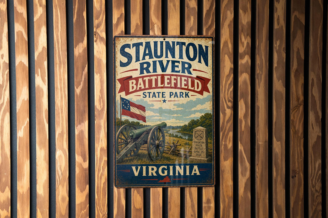 A vintage metal sign for Staunton River Battlefield State Park in Virginia, featuring an American flag and a cannon, mounted on a wooden wall.