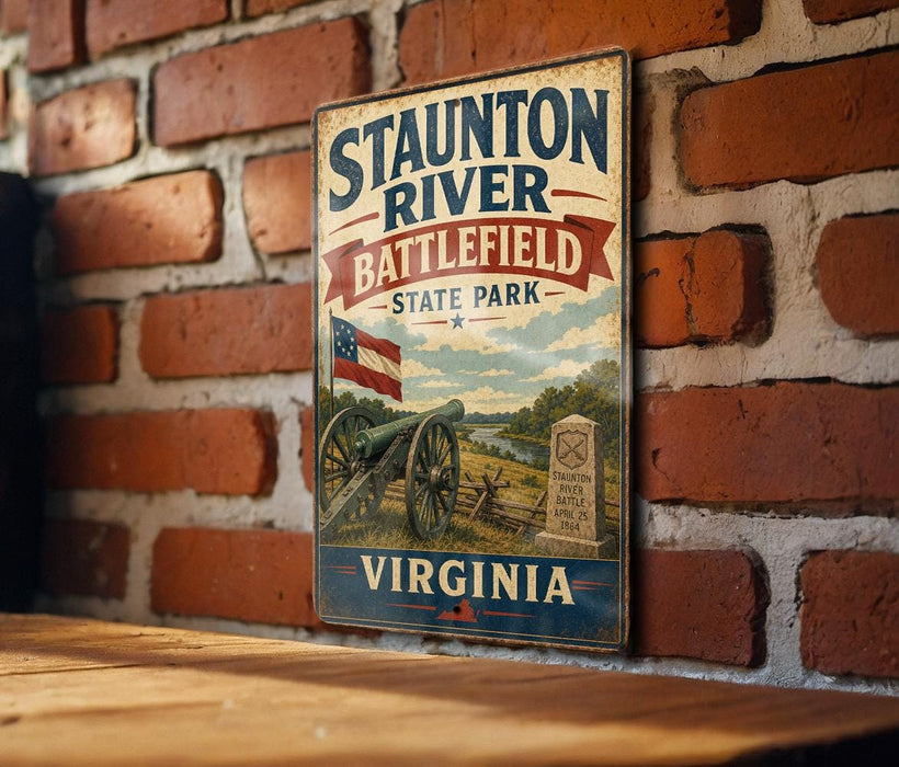 a vintage metal sign for Staunton River Battlefield State Park in Virginia, depicting a cannon and a monument.