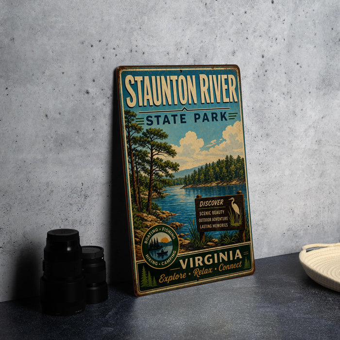 a vintage-style metal sign for Staunton River State Park, with a scenic illustration of a lake and forest.