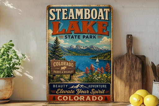 A vintage-style metal sign for Steamboat Lake State Park, featuring a scenic landscape with mountains, a lake, and a sign for the park's wildlife and parks and wildlife facilities.
