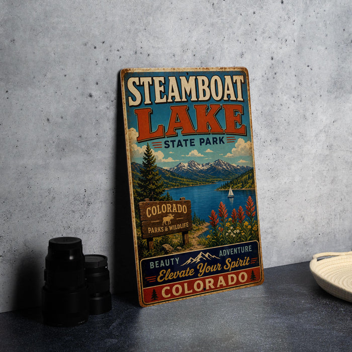 A vintage-style sign for Steamboat Lake State Park, featuring a scenic landscape with mountains, a lake, and a boat.