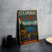 A vintage-style sign for Steamboat Lake State Park, featuring a scenic landscape with mountains, a lake, and a boat.