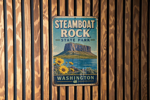 A vintage metal sign for Steamboat Rock State Park in Washington, featuring a mountain landscape and flowers.