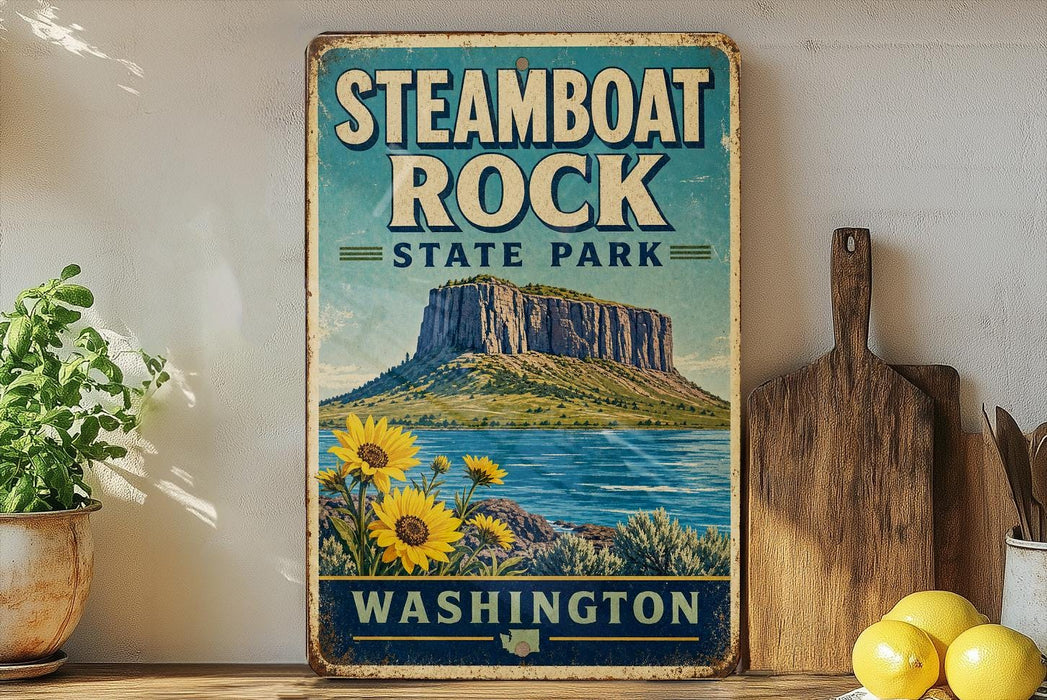 A vintage-style sign for Steamboat Rock State Park in Washington, featuring a mountain landscape with a lake and sunflowers.