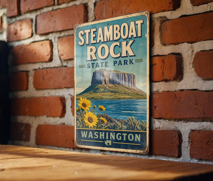 A vintage-style sign for Steamboat Rock State Park in Washington, featuring a mountain landscape and flowers.