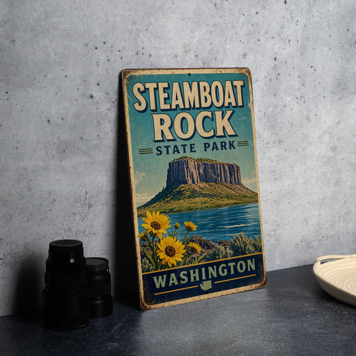 A vintage-style metal sign for Steamboat Rock State Park in Washington, featuring a mountain landscape and sunflowers.