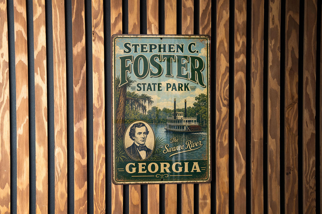 A vintage metal sign for Stephen C. Foster State Park in Georgia, featuring a portrait of a man and a depiction of the Swamp River.