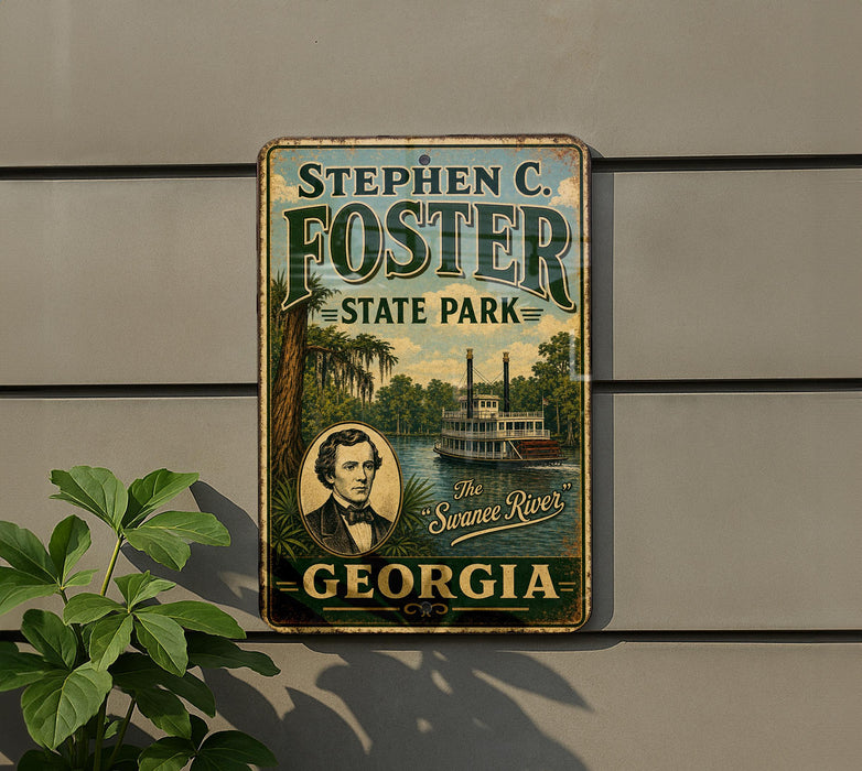 A vintage-style metal sign for Stephen C. Foster State Park in Georgia, featuring a portrait of a man and a depiction of the Savannah River.