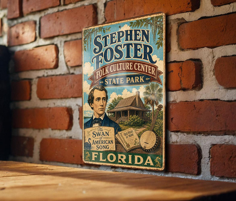 A vintage-style metal sign for Stephen Foster's Folk Culture Center in Florida, featuring a portrait of a man and an illustration of a house.