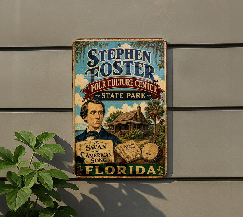 A vintage-style sign for Stephen Foster's Folk Culture Center in State Park, Florida, featuring a portrait of a man and various elements related to the Florida state song.