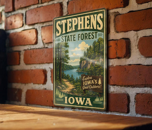 A vintage-style metal sign for Stephens State Forest in Iowa, featuring a scenic landscape with a river and trees.