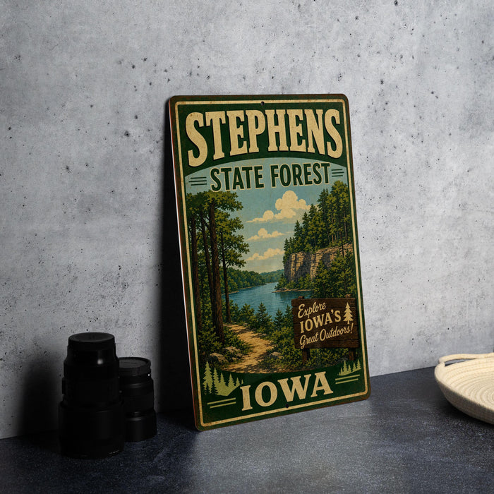 A vintage-style metal sign for Stephens State Forest in Iowa, featuring a scenic landscape with a river and forest.
