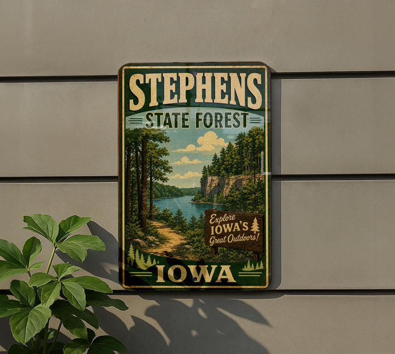 A vintage-style metal sign for Stephens State Forest in Iowa, featuring a scenic landscape with a river, trees, and mountains.