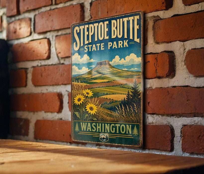 A vintage-style metal sign for Stepoe Butte State Park in Washington, featuring a scenic landscape with mountains, fields, and sunflowers.