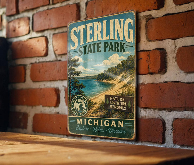 A vintage metal sign for Sterling State Park in Michigan, featuring a scenic landscape with a lake and mountains.