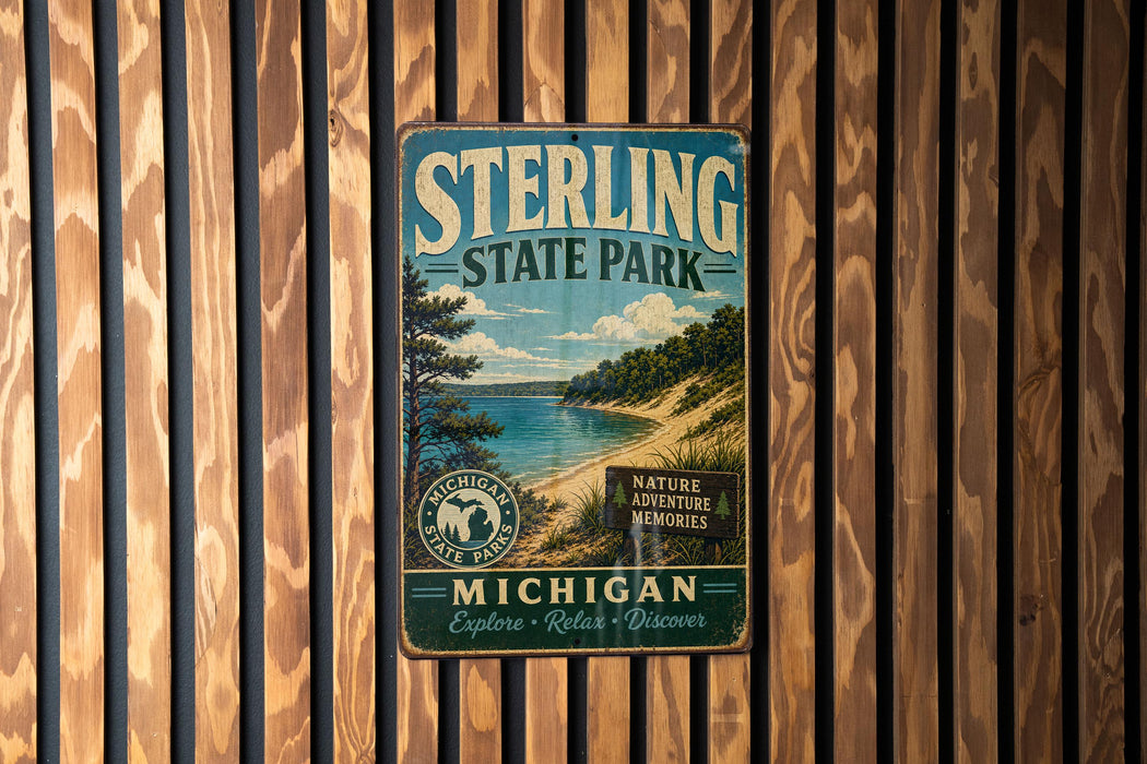 A vintage metal sign for Sterling State Park, featuring a scenic landscape with a lake and mountains in the background.