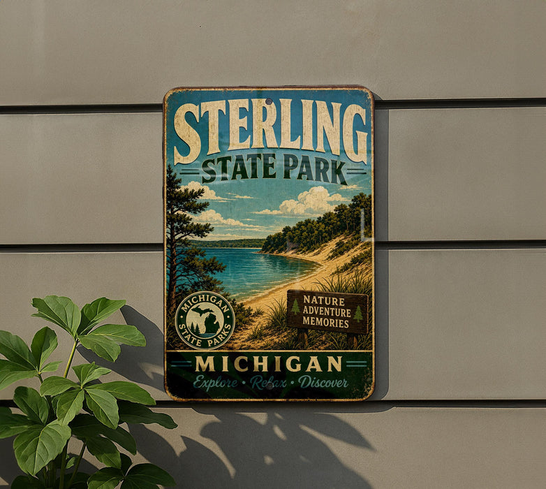 A vintage metal sign for Sterling State Park, featuring a scenic landscape with a lake, mountains, and trees.