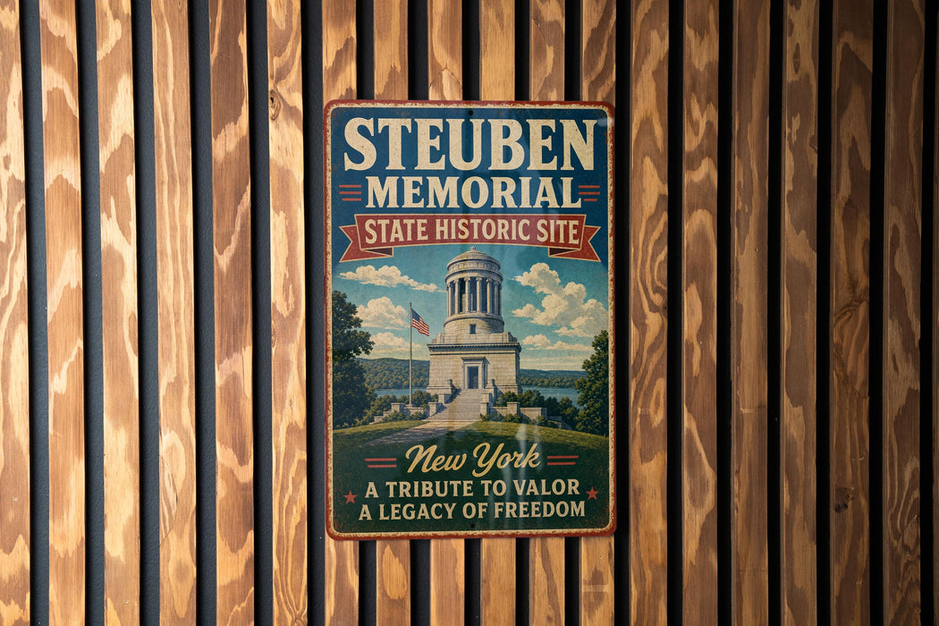 A metal plaque with the text "Steuben Memorial State Historic Site" and an illustration of a building, mounted on a wooden wall.
