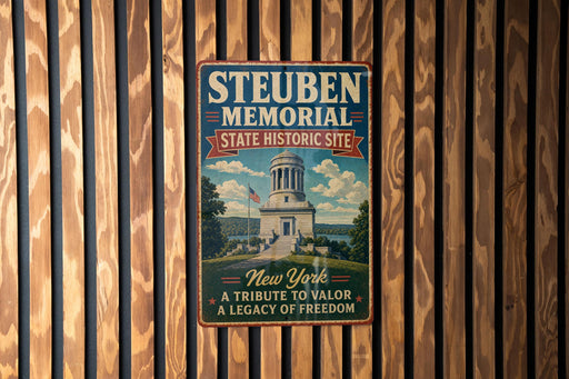 A metal plaque with the text "Steuben Memorial State Historic Site" and an illustration of a building, mounted on a wooden wall.