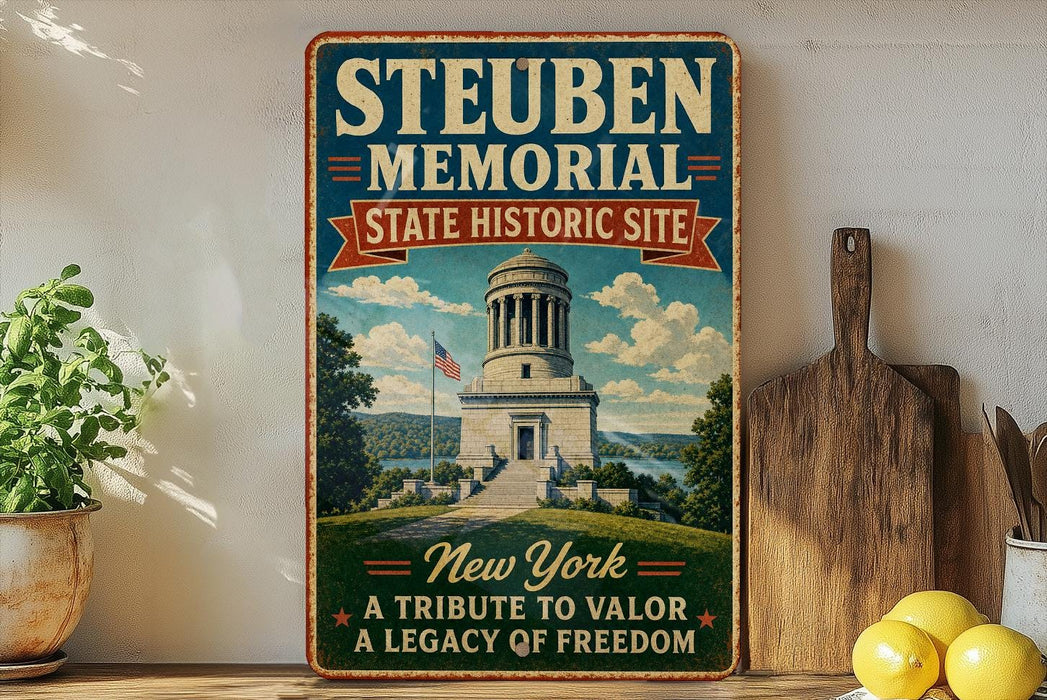 a vintage-style sign for the Steuben Memorial State Historic Site in New York, which is a tribute to the state's military history.