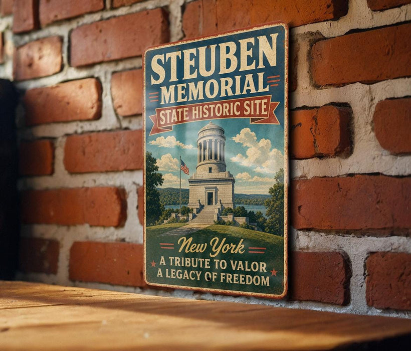A vintage-style metal sign for the Steuben Memorial State Historic Site in New York, featuring an illustration of the state capitol building and the words "A Tribute to a Legacy of Freedom".
