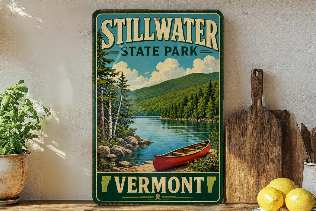 A vintage-style sign for Stillwater State Park in Vermont, featuring a scenic image of a lake, mountains, and a red canoe.