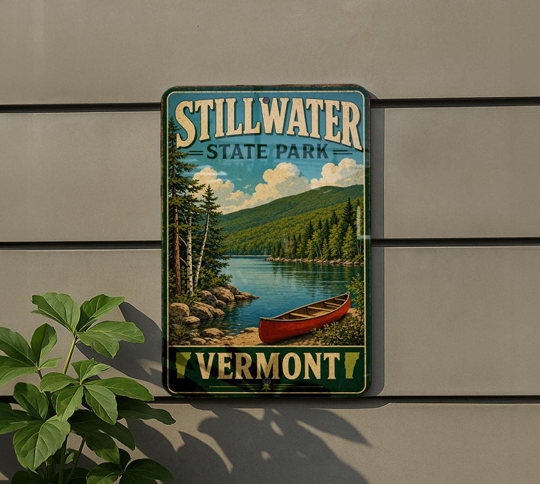 A vintage-style sign for Stillwater State Park in Vermont, featuring a scenic landscape with a canoe on a lake surrounded by pine trees.