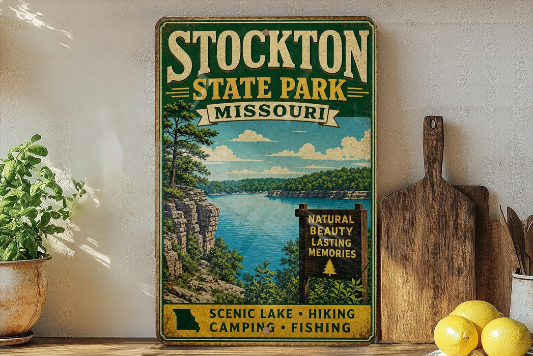 A vintage-style sign for Stockton State Park, Missouri, featuring a scenic lake and hiking trails.