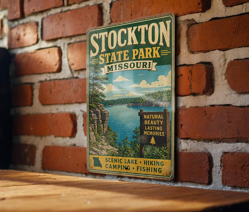 A vintage-style metal sign for Stockton State Park in Missouri, featuring a scenic lake and mountains in the background.