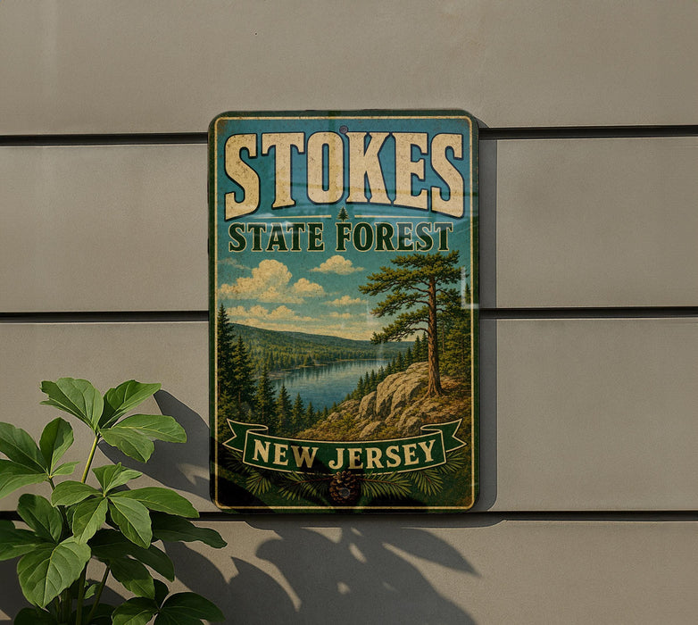 A vintage-style sign for Stokes State Forest in New Jersey, featuring a scenic landscape with pine trees and a lake.