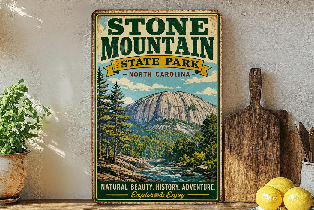 A vintage-style sign for Stone Mountain State Park in North Carolina, featuring a scenic mountain landscape with pine trees and a river.