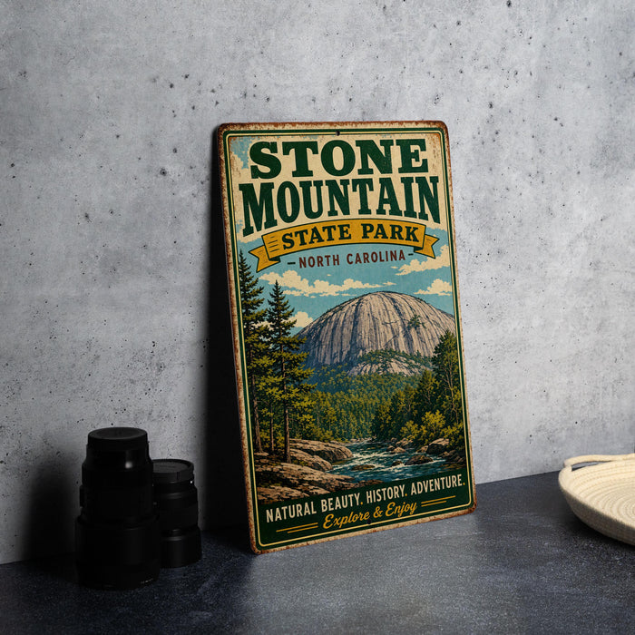 A vintage-style sign for Stone Mountain State Park in North Carolina, featuring a scenic illustration of the mountain and surrounding landscape.
