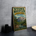 A vintage-style sign for Stone Mountain State Park in North Carolina, featuring a scenic illustration of the mountain and surrounding landscape.
