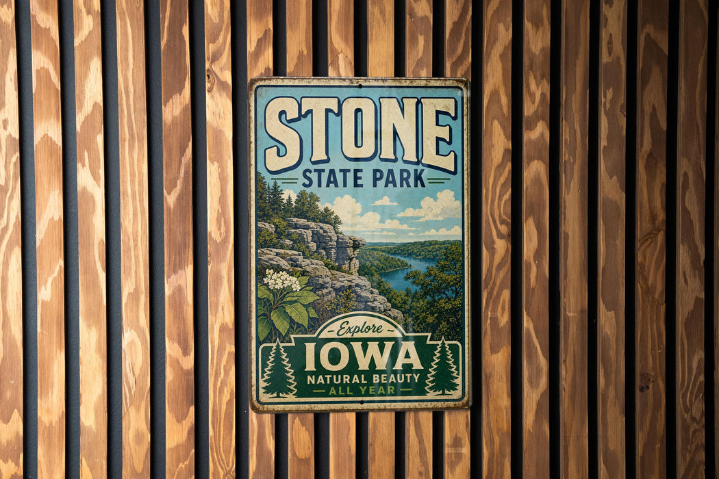 A vintage-style metal sign for Stone State Park in Iowa, featuring a scenic landscape with a river and mountains.