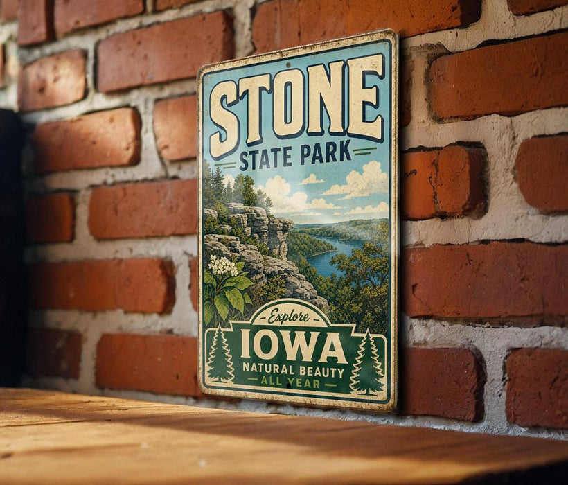 A vintage-style metal sign for Stone State Park in Iowa, featuring a scenic landscape with a river and mountains.