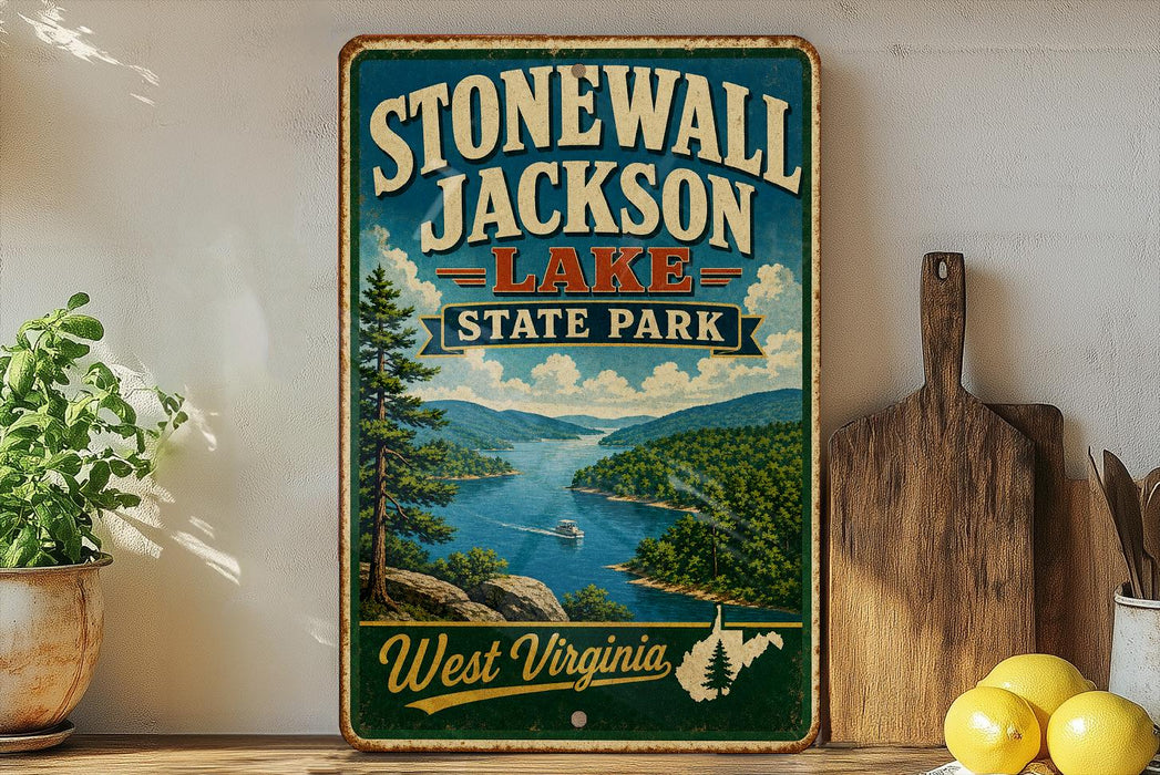 A vintage-style sign for Stonewall Jackson Lake State Park in West Virginia, featuring a scenic illustration of the lake surrounded by mountains and forests.