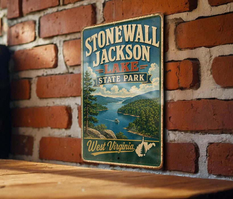 A vintage-style metal sign for Stonewall Jackson Lake State Park in West Virginia, featuring a scenic landscape with a lake and mountains.