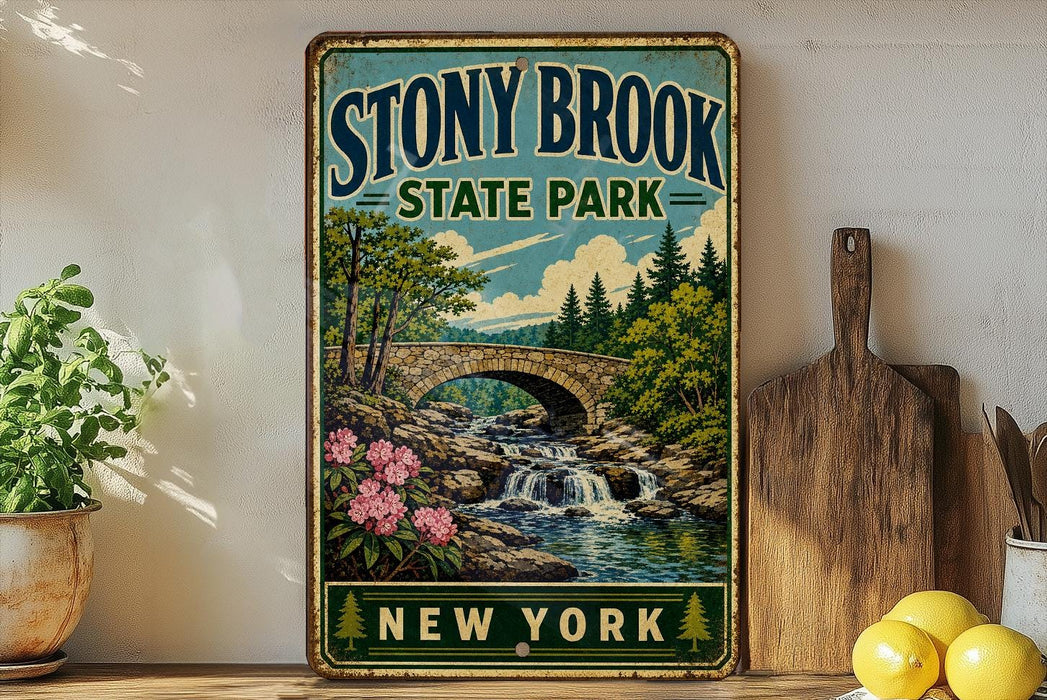 A vintage-style sign for Stony Brook State Park in New York, featuring a scenic illustration of a bridge over a waterfall surrounded by trees and flowers.