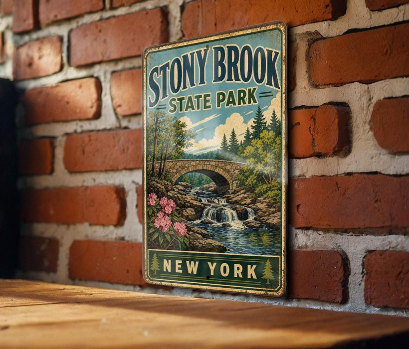 A vintage-style metal sign for Stony Brook State Park in New York, featuring a scenic landscape with a bridge, waterfalls, and trees.