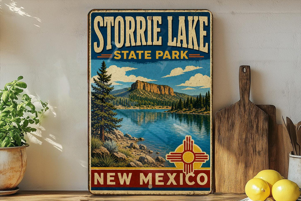 A vintage-style sign for Storrie Lake State Park in New Mexico, featuring a scenic landscape with a lake, mountains, and pine trees.