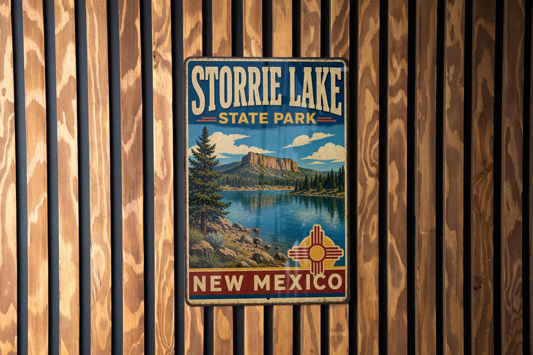 A vintage metal sign for Storrie Lake State Park in New Mexico, featuring a scenic landscape with a lake, mountains, and a Native American symbol.