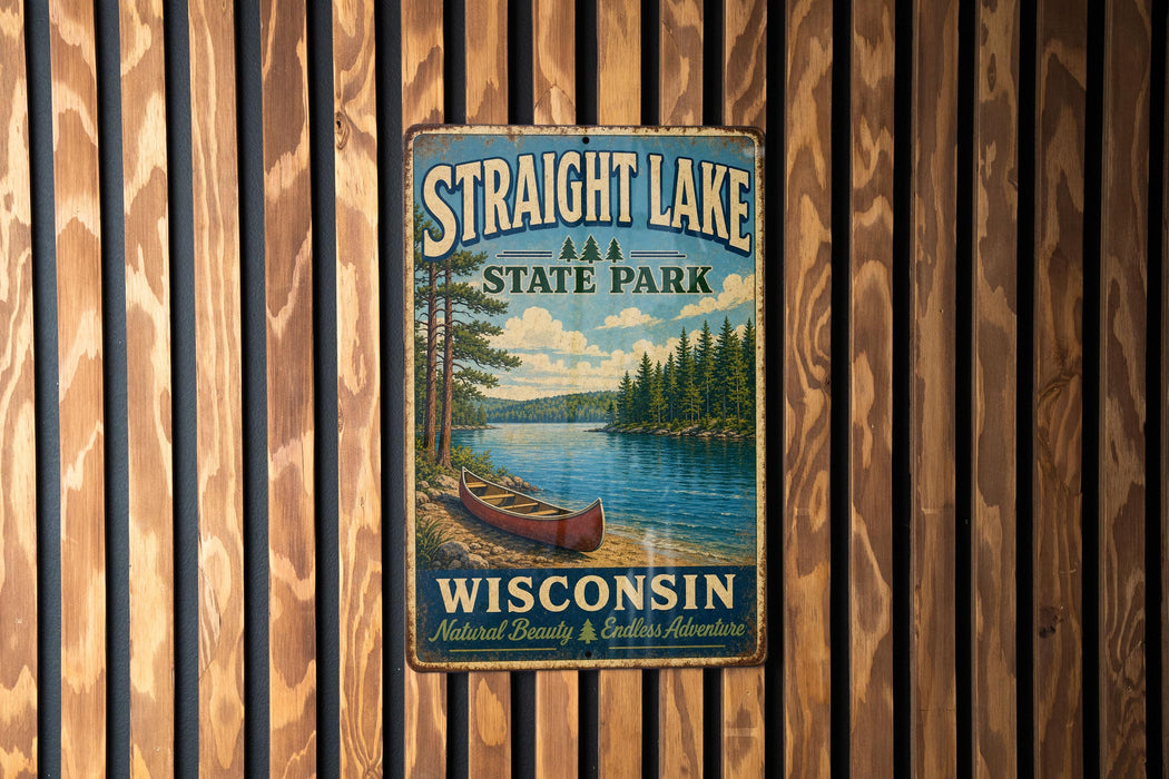 A vintage metal sign for Straight Lake State Park in Wisconsin, featuring a scenic image of a lake with a canoe and pine trees.