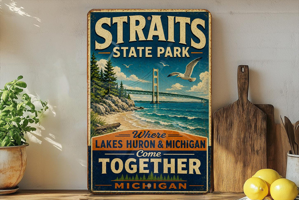 A vintage-style sign for Straits State Park, featuring a scenic illustration of the Golden Gate Bridge and the surrounding lakes, with the text "Where lakes Huron & Michigan come together MICHIGAN" prominently displayed.
