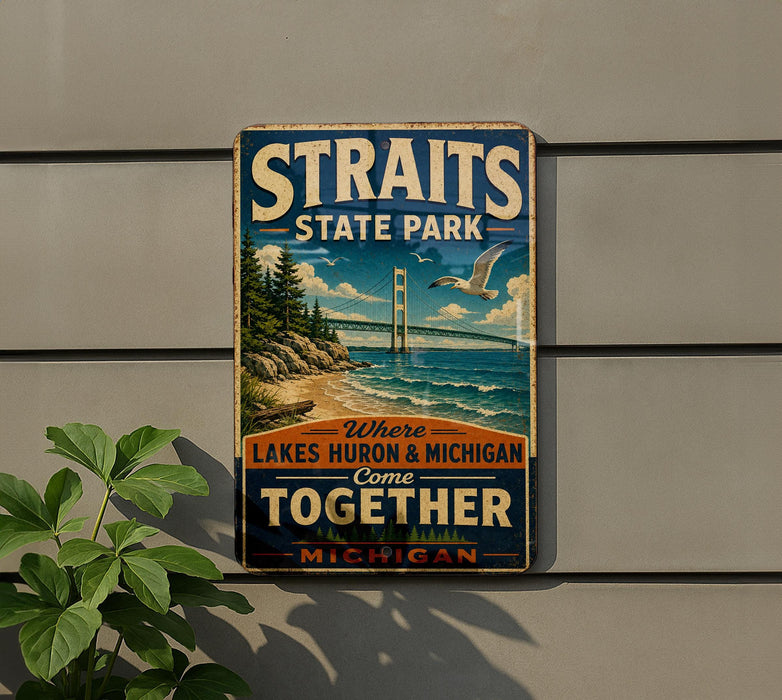 A vintage-style sign for Straits State Park, featuring a scenic image of the Golden Gate Bridge and surrounding landscape.