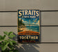 A vintage-style sign for Straits State Park, featuring a scenic image of the Golden Gate Bridge and surrounding landscape.