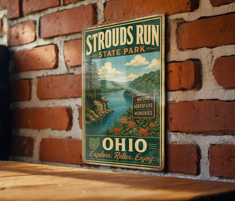 A vintage-style metal sign for Strouds Run State Park in Ohio, featuring a scenic landscape with a river and mountains.