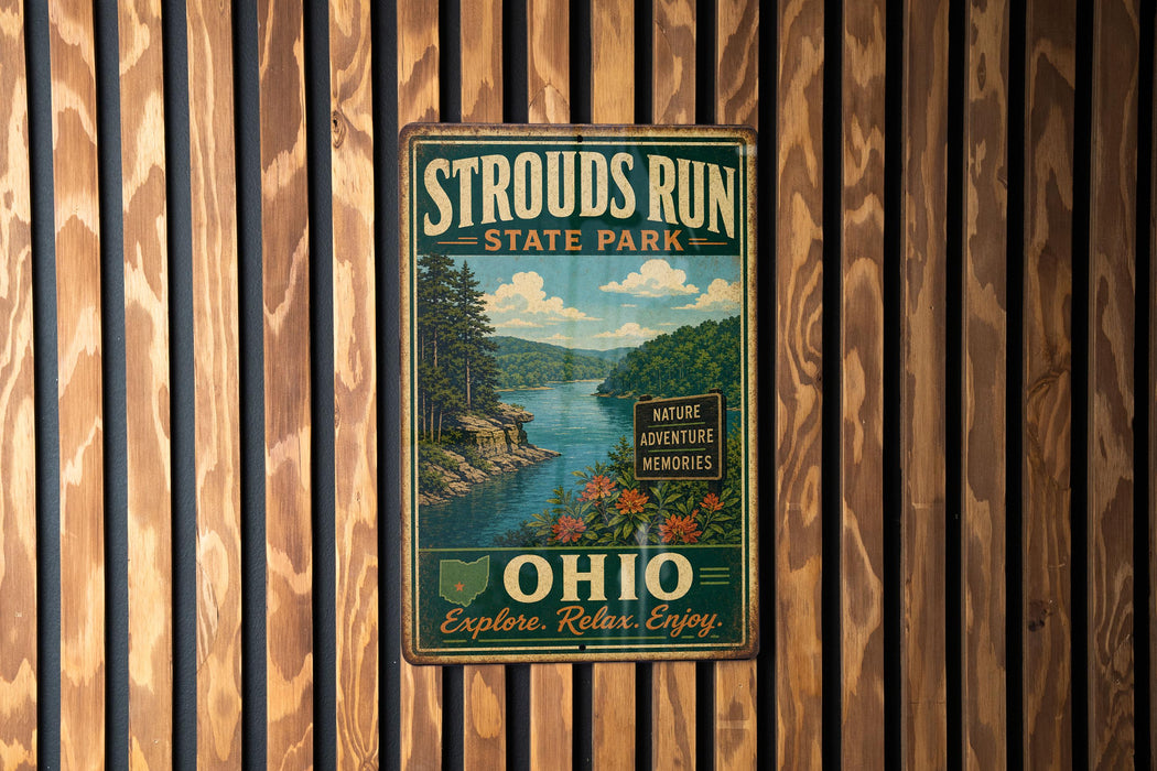 A vintage metal sign for Strouds Run State Park in Ohio, featuring a scenic landscape with a lake and mountains.