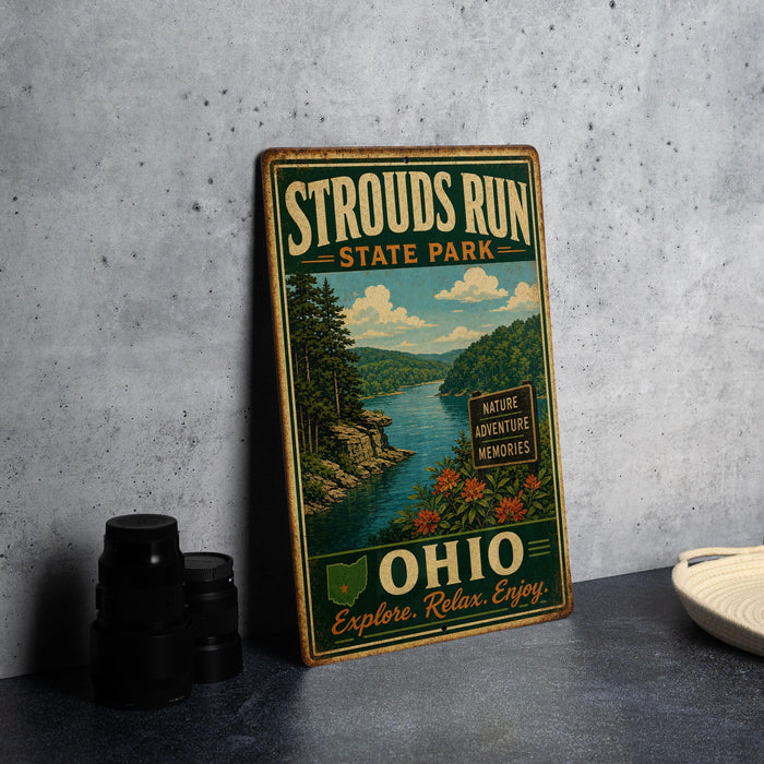 A vintage-style sign for Strouds Run State Park in Ohio, featuring a scenic landscape with a river and mountains.