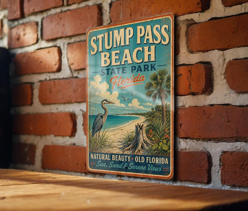 A vintage-style metal sign for Stump Pass Beach, Florida, featuring a beach scene with a crane and palm trees.
