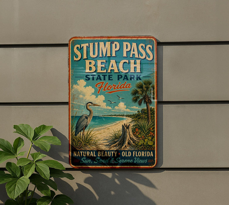 a vintage-style sign for Stump Pass Beach, Florida, with a beach scene and a bird in the background.